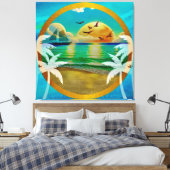 Moderne tropische strand palmbomen zonsondergang v canvas afdruk (Insitu (Slaapkamer))