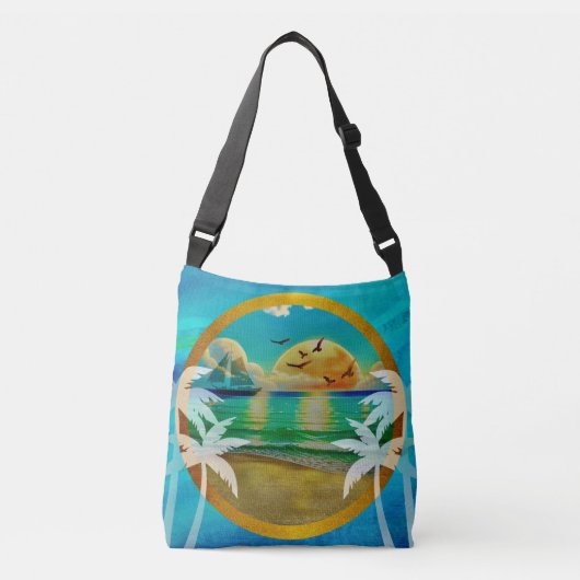 Moderne tropische strand palmbomen zonsondergang v crossbody tas (Voorkant)