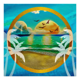 Moderne tropische strand palmbomen zonsondergang v foto afdruk