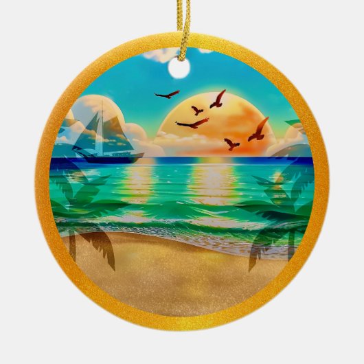 Moderne tropische strand palmbomen zonsondergang v keramisch ornament (Voorkant)
