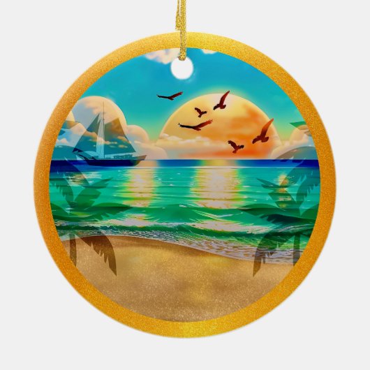 Moderne tropische strand palmbomen zonsondergang v keramisch ornament (Achterkant)