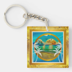 Moderne tropische strand palmbomen zonsondergang v sleutelhanger
