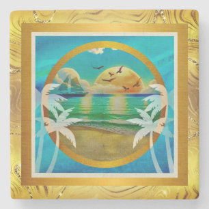 Moderne tropische strand palmbomen zonsondergang v stenen onderzetter