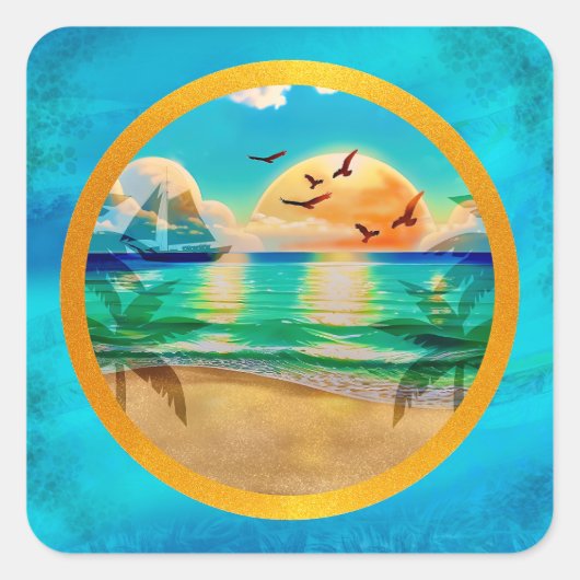 Moderne tropische strand palmbomen zonsondergang v vierkante sticker (Voorkant)