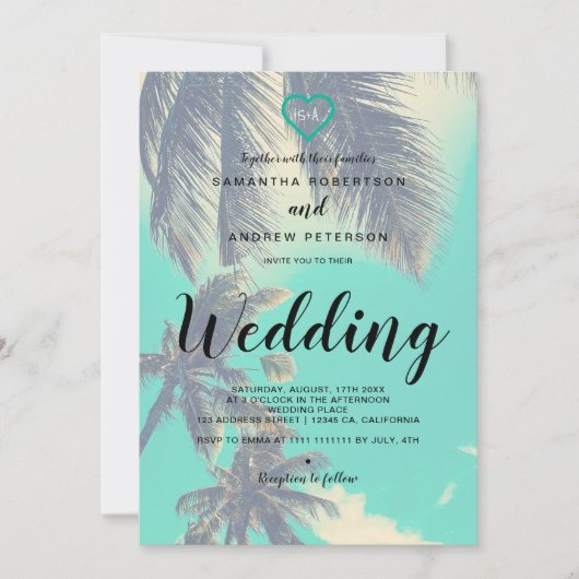 Moderne tropische strandpalmbekleding voor bruilof kaart (Voorkant)