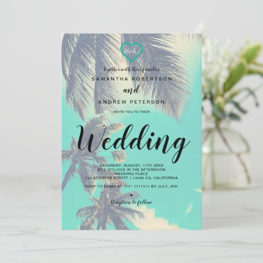 Moderne tropische strandpalmbekleding voor bruilof kaart (Staand voorkant)