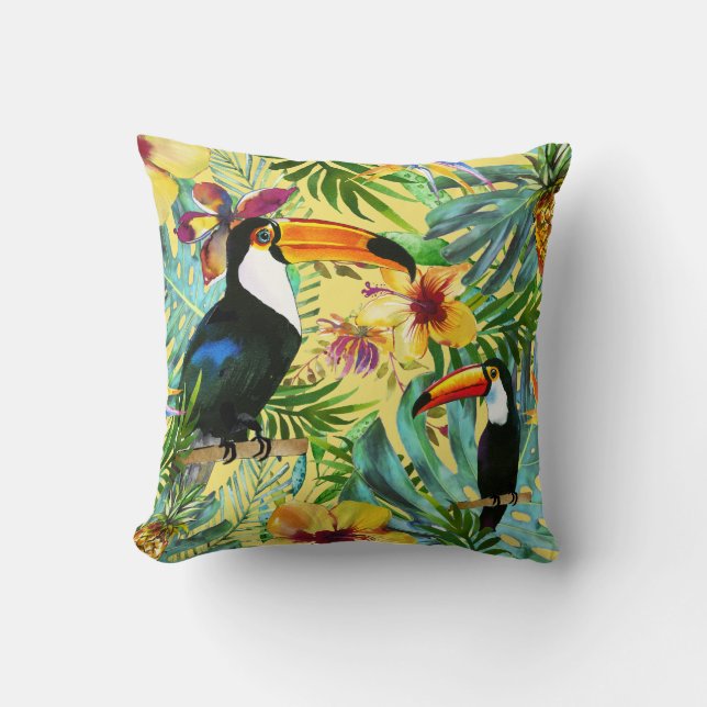 Moderne tropische toucans paradijs met palmananas kussen (Voorkant)
