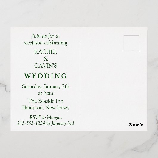 Moderne Tropische Trouwlocatie Ontvangst Folie Uitnodiging Briefkaart (Achterkant)