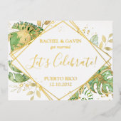Moderne Tropische Trouwlocatie Ontvangst Folie Uitnodiging Briefkaart (Voorkant)