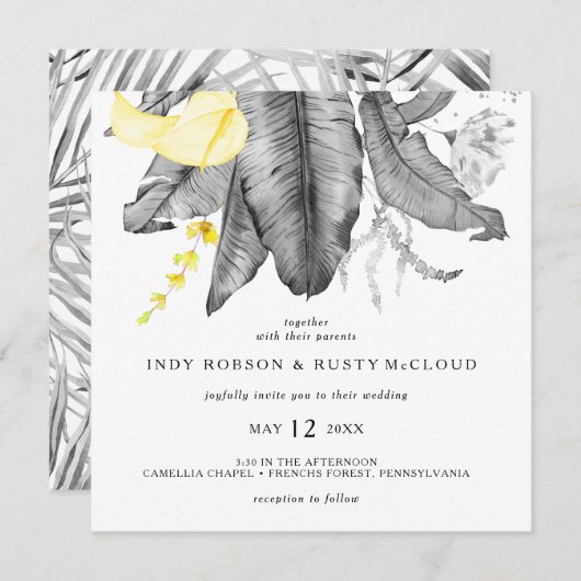 Moderne tropische vierkante bruiloft uitnodiging (Voorkant / Achterkant)