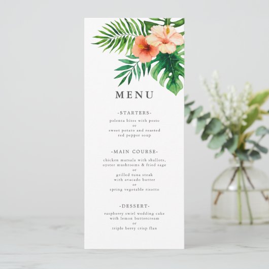 Moderne tropische Waterverf Floral Wedding Menu (Staand voorkant)