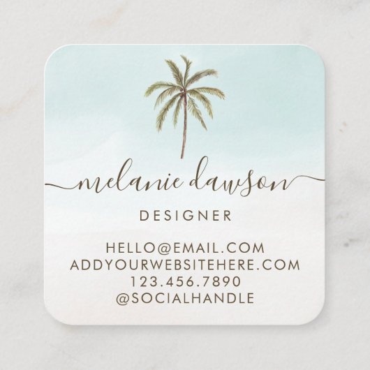 Moderne tropische Waterverf palm Trees monogram Vierkante Visitekaartje (Achterkant)