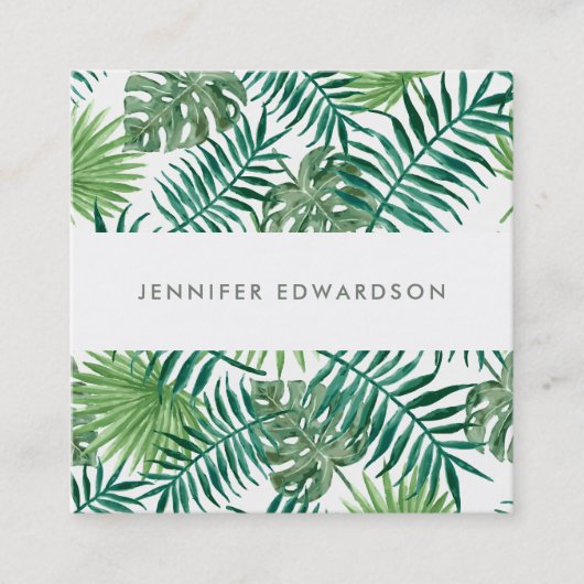 Moderne tropische waterverf verlaat professionele vierkante visitekaartje (Voorkant)
