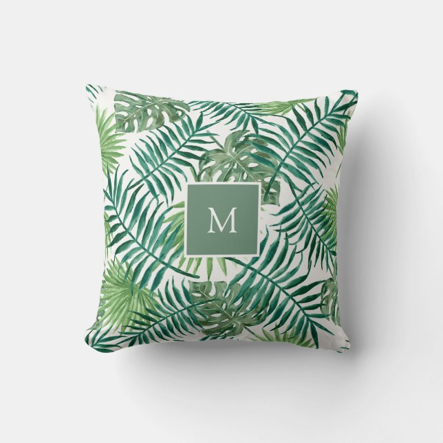 Moderne tropische waterverfbladeren met monogram kussen (Voorkant)
