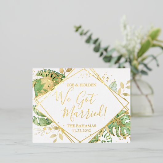 Moderne Tropische We Zijn Getrouwd Elopement Ontva Folie Uitnodiging Briefkaart (Staand Voorkant)