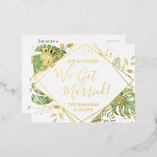 Moderne Tropische We Zijn Getrouwd Elopement Ontva Folie Uitnodiging Briefkaart (Voorkant / Achterkant)