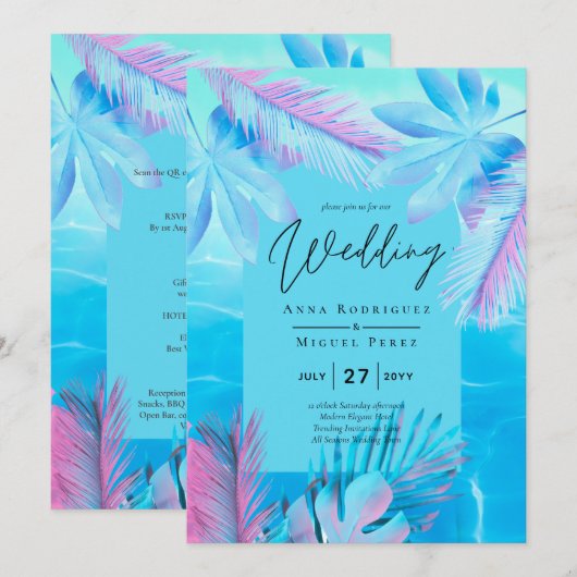Moderne tropische zomer Aqua Blue Pink Wedding Kaart (Voorkant / Achterkant)