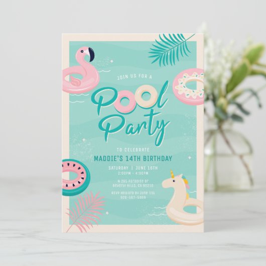 Moderne Tropische Zomer Pool Party Uitnodiging (Staand voorkant)