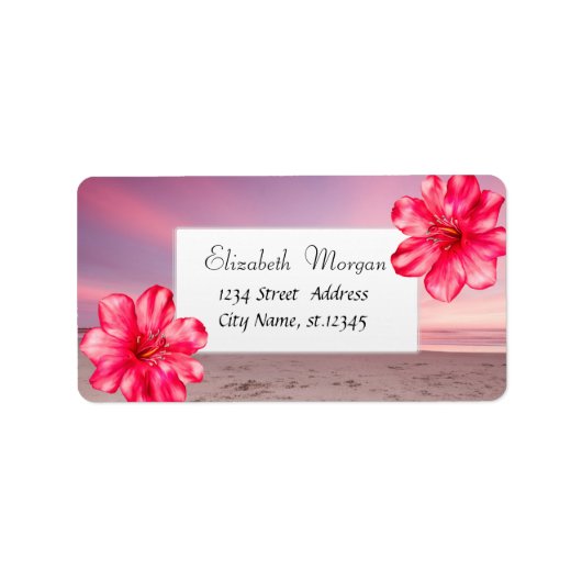 Moderne Tropische Zonsondergang Strand,Hibiscus Etiket (Voorkant)