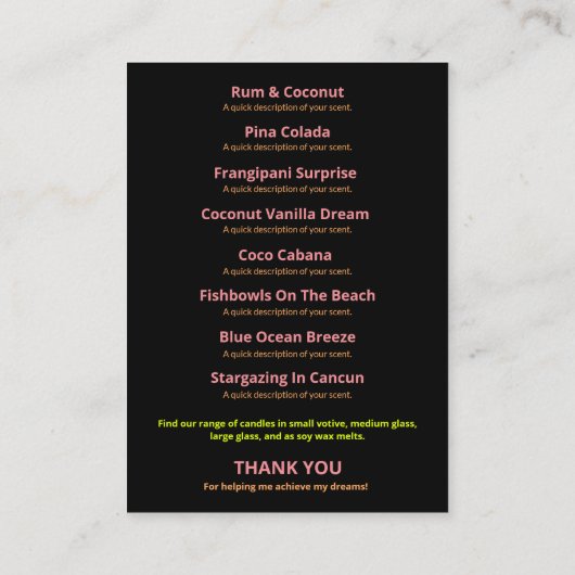 Moderne tropische zwarte neonkaars — productlijn visitekaartje (Achterkant)