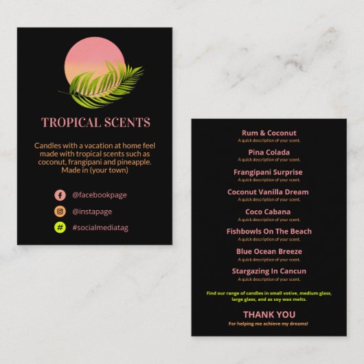 Moderne tropische zwarte neonkaars — productlijn visitekaartje (Voorkant / Achterkant)