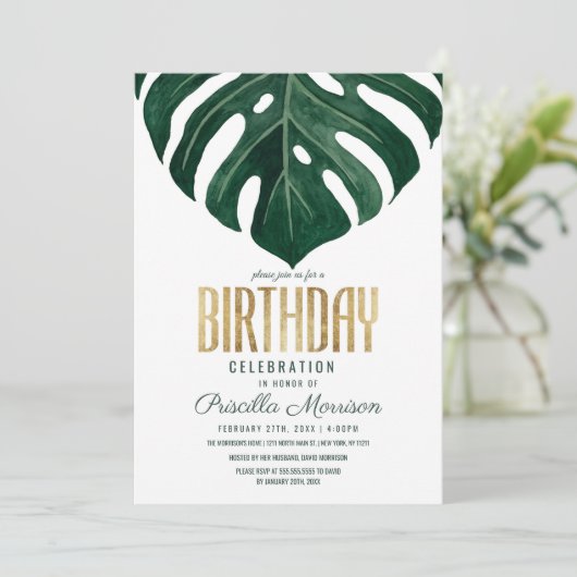 Moderne Tropische Zwitserse Kaasblad Gouden Verjaa Kaart (Staand voorkant)