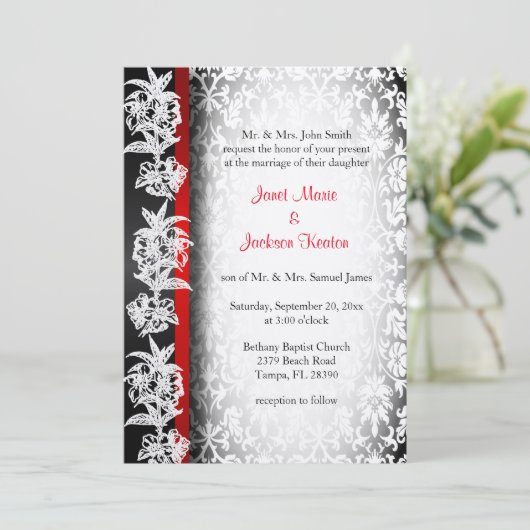 Moderne Trouw Damast in Wit, Zwart en Rood Kaart (Staand voorkant)