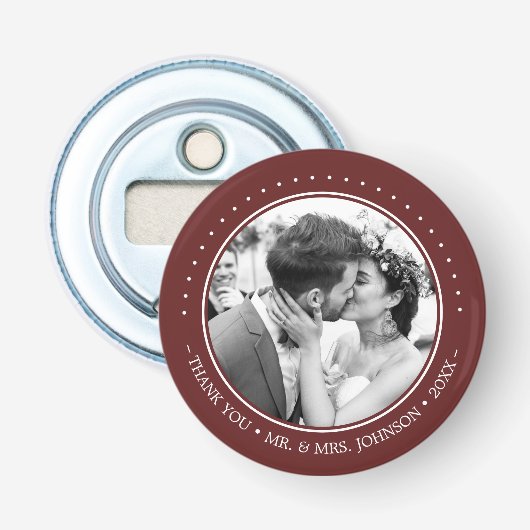 Moderne Trouw Dank Je Foto Burgundy Button Flesopener (Voorkant)