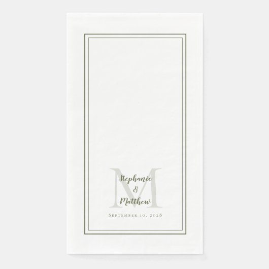 Moderne Trouw Monogram Namen & Datum Olijfgroen Servet (Voorkant)