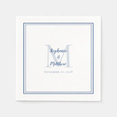 Moderne Trouw Namen & Datum Monogram Blauw Wit Servet (Voorkant)