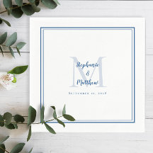 Moderne Trouw Namen & Datum Monogram Blauw Wit