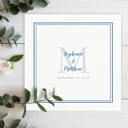Moderne Trouw Namen & Datum Monogram Blauw Wit Servet