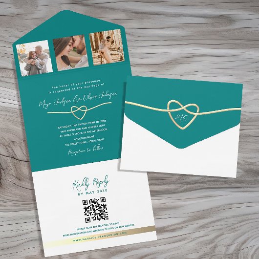Moderne Trouw QR Code in Teal Kleur All In One Uitnodiging
