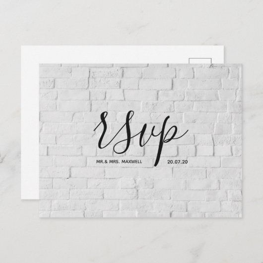 Moderne Trouw-Rsvp kaart White Brick Script (Voorkant / Achterkant)