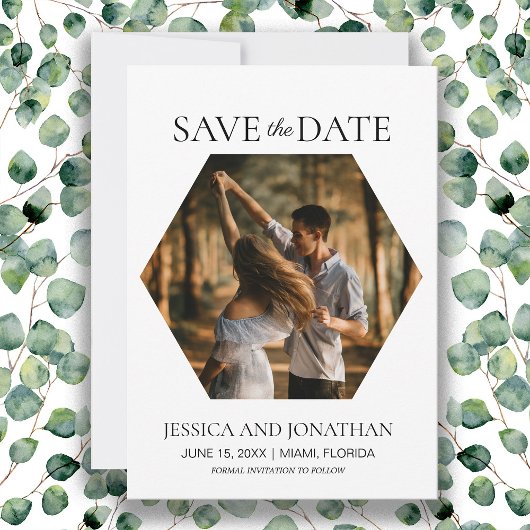 Moderne Trouw Save the Date Zeshoekige Foto 