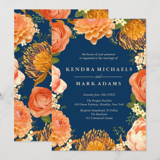 Moderne Trouw, Sinaasappel Bloemenkrans Uitnodigin Kaart (Voorkant / Achterkant)