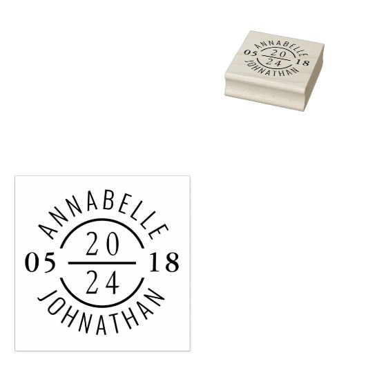 Moderne trouwbadge met namen en datum rubberstempel (Gestempeld)