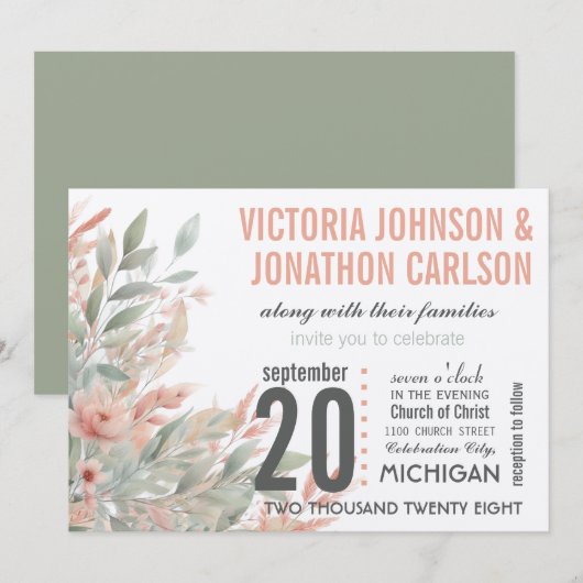 Moderne trouwbloemen met koraal en mint in weckpot kaart (Voorkant / Achterkant)