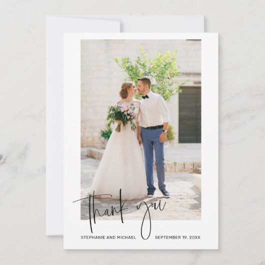 Moderne Trouwdag Foto Bedankkaart met Script Lette (Voorkant)
