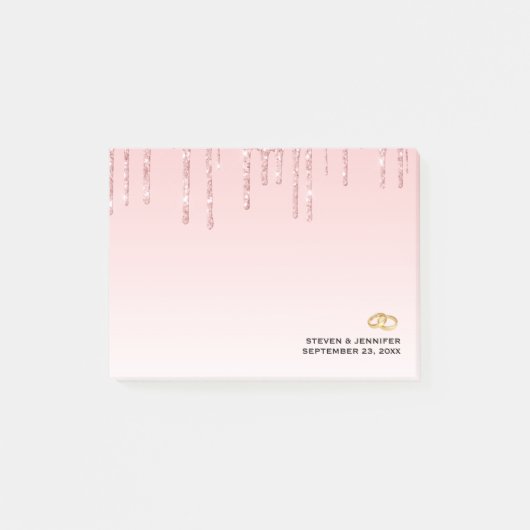 Moderne Trouwdag Roze Glitter Druppels & Gouden Ri Post-it® Notes (Voorkant)