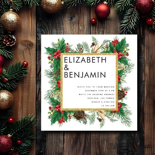 Moderne trouwerij met gouden QR-code in kerstsfeer Kaart