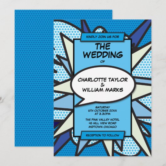 Moderne Trouwfeest Fun Designer Blauw Stripboek Kaart (Voorkant / Achterkant)