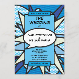 Moderne Trouwfeest Fun Ontwerper Blauw Stripboek Kaart