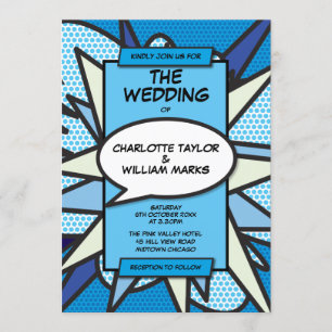 Moderne Trouwfeest Fun Ontwerper Blauw Stripboek Kaart