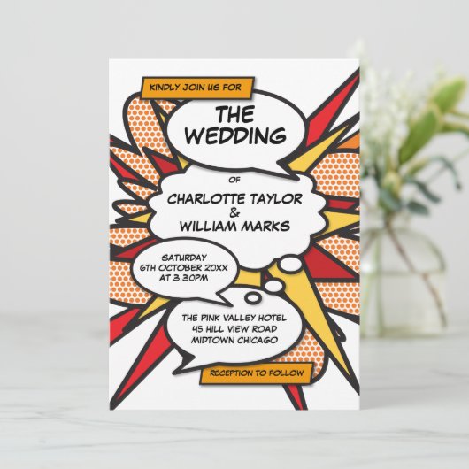 Moderne Trouwfeest Stijlvolle Stripboek Kaart (Staand voorkant)