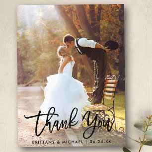 Moderne trouwfoto dank je wel in Brush Script Briefkaart
