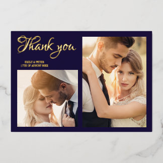 Moderne trouwfoto dankkaart van navyblauw folie folie uitnodiging
