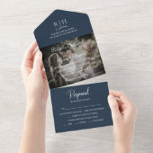 Moderne Trouwfoto in Navyblauw | Monogram RSVP All In One Uitnodiging (Afscheurbaar)