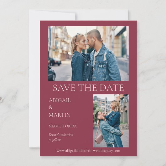 Moderne Trouwfoto Mulberry Burgundy 2 foto Save The Date (Voorkant)