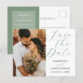 Moderne Trouwfoto Sage Green Save the Date Aankondigingskaart